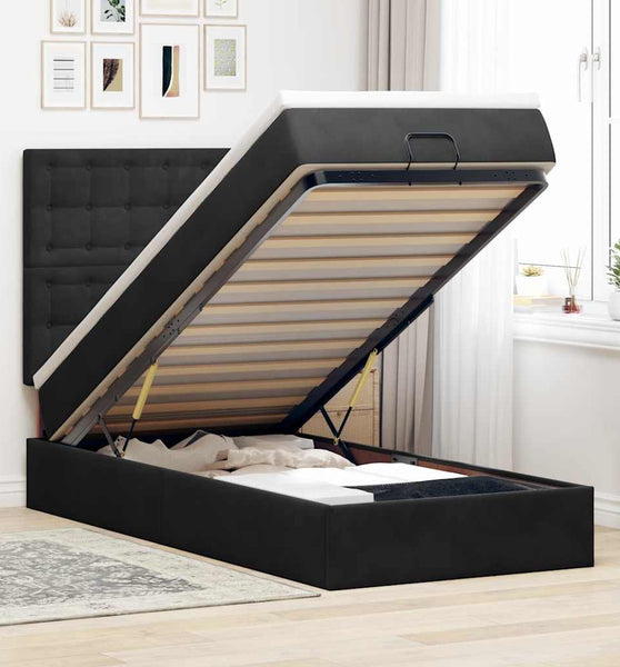 Ottoman-Bett mit Matratzen & LEDs Schwarz 90x200 cm Samt
