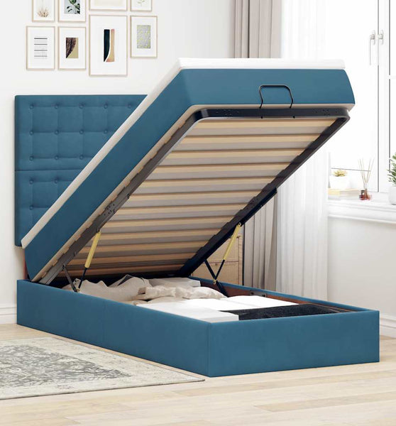 Ottoman-Bett mit Matratzen & LEDs Dunkelblau 100x200 cm Samt