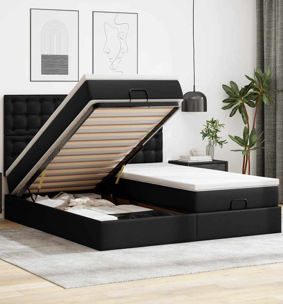 Ottoman-Bett mit Matratzen & LEDs Schwarz 160x200 cm Kunstleder