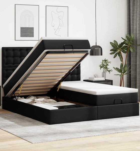 Ottoman-Bett mit Matratzen & LEDs Schwarz 200x200 cm Kunstleder