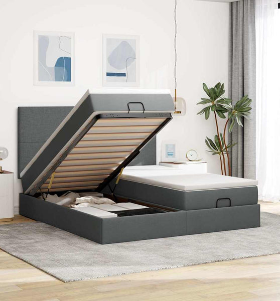 Ottoman-Bett mit Matratzen & LEDs Dunkelgrau 160x200 cm Stoff