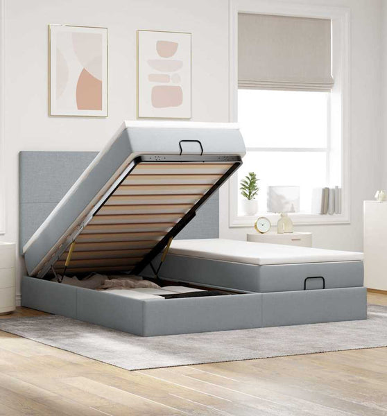Ottoman-Bett mit Matratzen & LEDs Hellgrau 200x200 cm Stoff