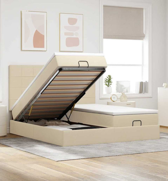Ottoman-Bett mit Matratzen & LEDs Creme 180x200 cm Stoff