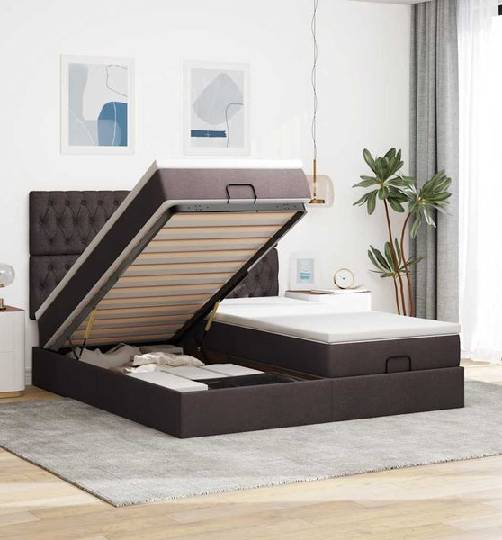 Ottoman-Bett mit Matratzen & LEDs Dunkelbraun 200x200 cm Stoff