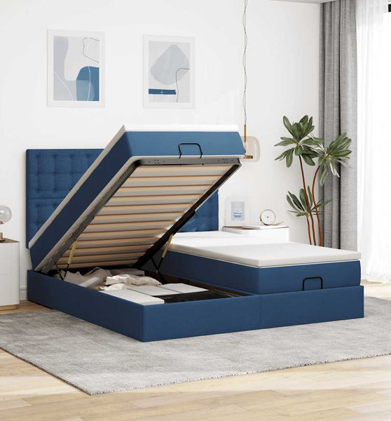 Ottoman-Bett mit Matratzen & LEDs Blau 160x200 cm Stoff