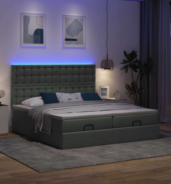 Ottoman-Bett mit Matratzen & LEDs Dunkelgrau 200x200 cm Stoff