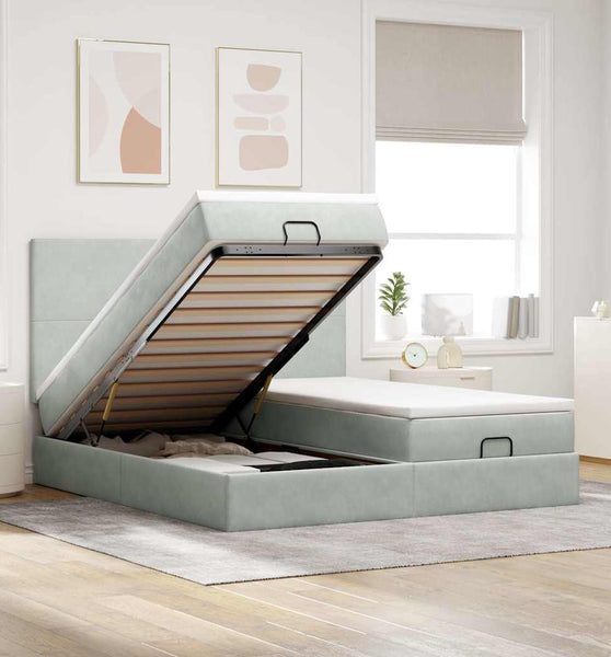 Ottoman-Bett mit Matratzen & LEDs Hellgrau 180x200 cm Samt