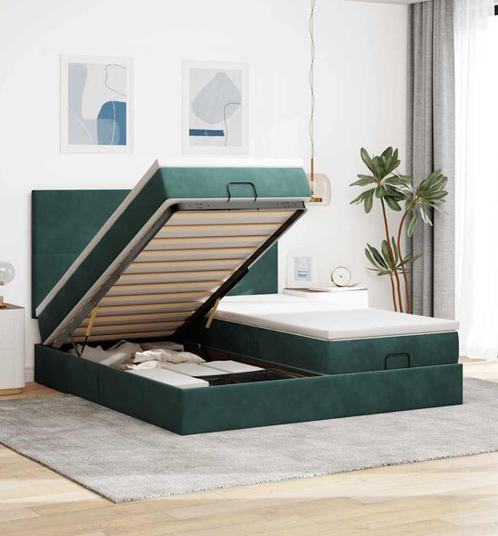 Ottoman-Bett mit Matratzen & LEDs Dunkelgrün 180x200 cm Samt