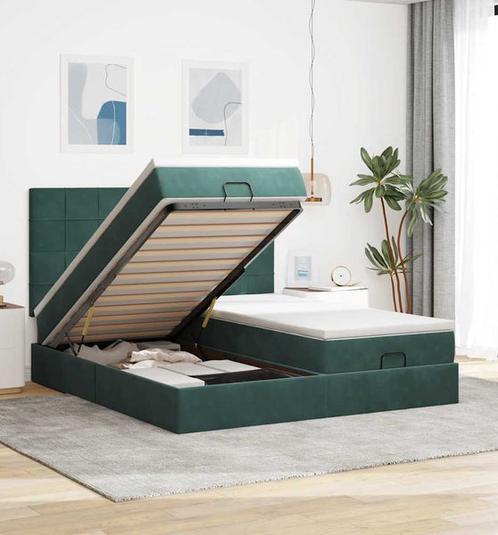 Ottoman-Bett mit Matratzen & LEDs Dunkelgrün 160x200 cm Samt