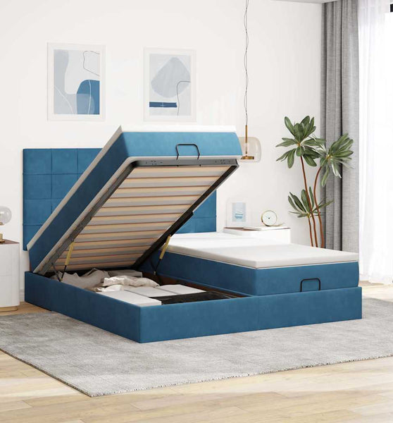 Ottoman-Bett mit Matratzen & LEDs Dunkelblau 160x200 cm Samt