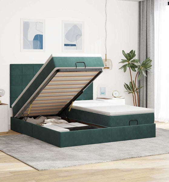 Ottoman-Bett mit Matratzen & LEDs Dunkelgrün 180x200 cm Samt