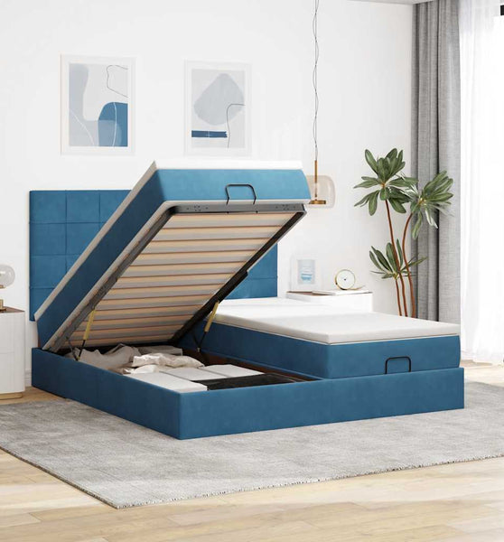 Ottoman-Bett mit Matratzen & LEDs Dunkelblau 180x200 cm Samt
