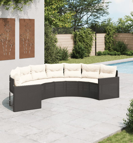 Gartensofa mit Kissen Halbrund Schwarz Poly-Rattan