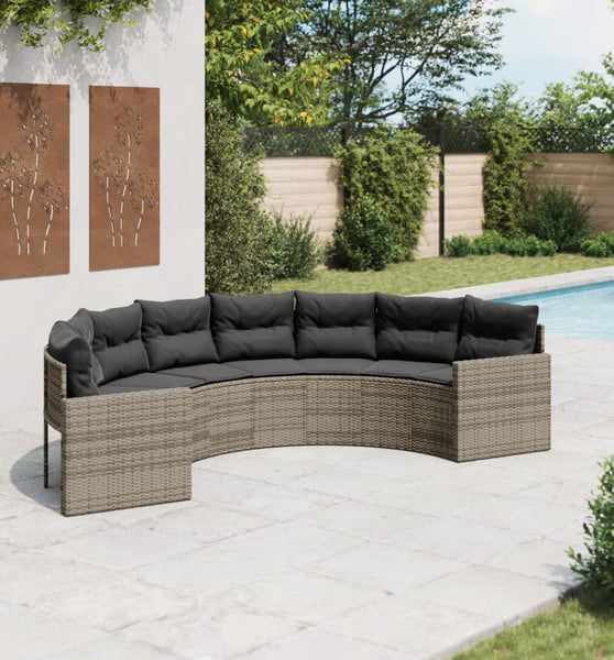 Gartensofa mit Kissen Halbrund Grau Poly Rattan