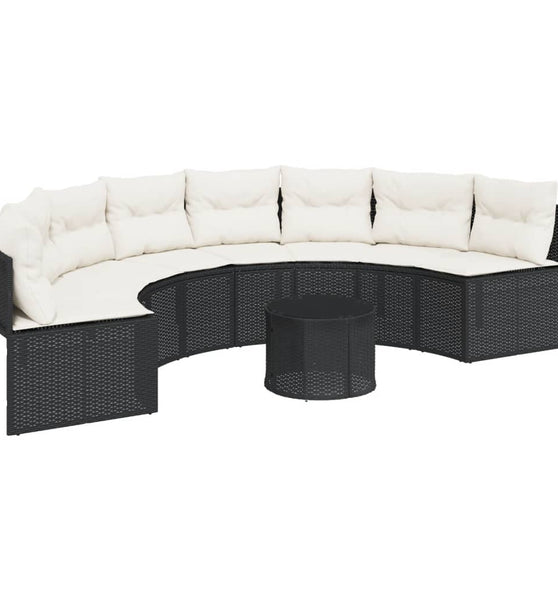 Gartensofa mit Tisch und Kissen Halbrund Schwarz Poly-Rattan