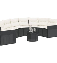 Gartensofa mit Tisch und Kissen Halbrund Schwarz Poly-Rattan