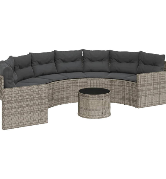 Gartensofa mit Tisch und Kissen Halbrund Grau Poly Rattan