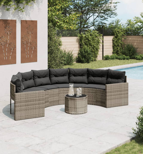 Gartensofa mit Tisch und Kissen Halbrund Grau Poly Rattan