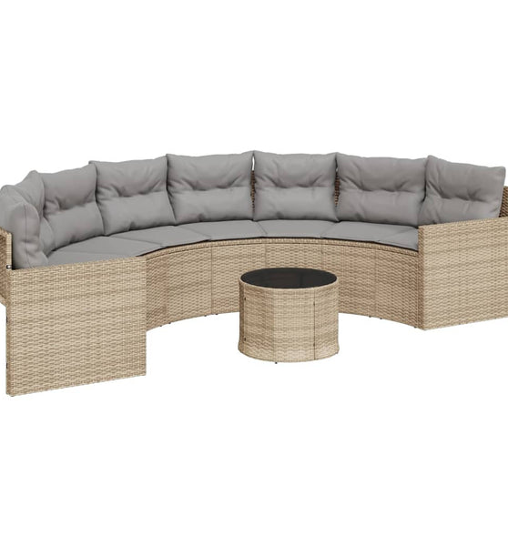 Gartensofa mit Tisch und Kissen Halbrund Beige Poly-Rattan