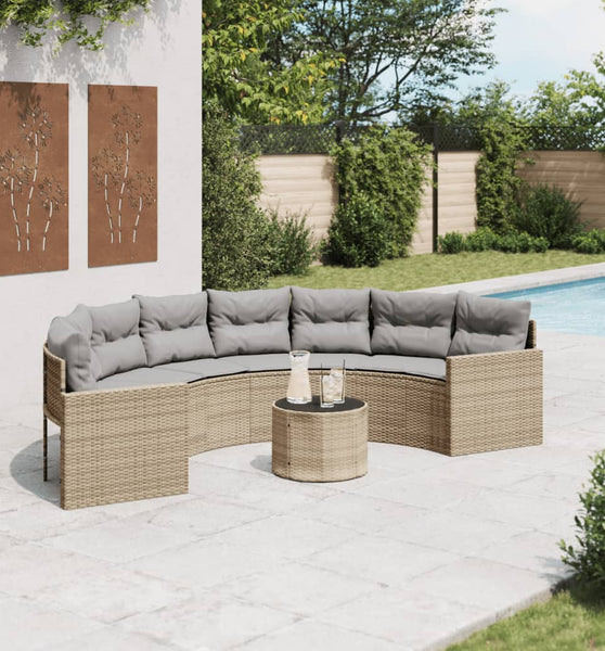 Gartensofa mit Tisch und Kissen Halbrund Beige Poly-Rattan