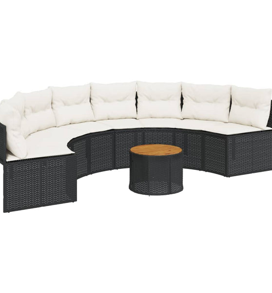 Gartensofa mit Tisch und Kissen Halbrund Schwarz Poly-Rattan