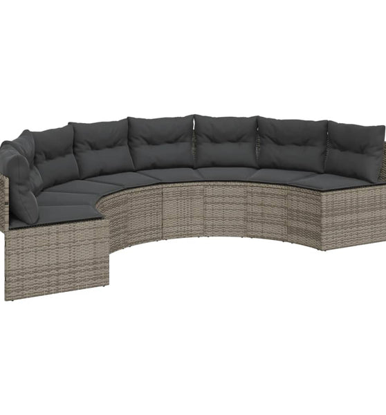 Gartensofa mit Kissen Halbrund Grau Poly Rattan