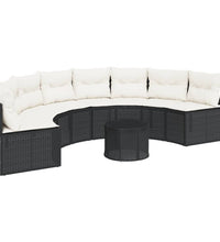 Gartensofa mit Tisch und Kissen Halbrund Schwarz Poly-Rattan