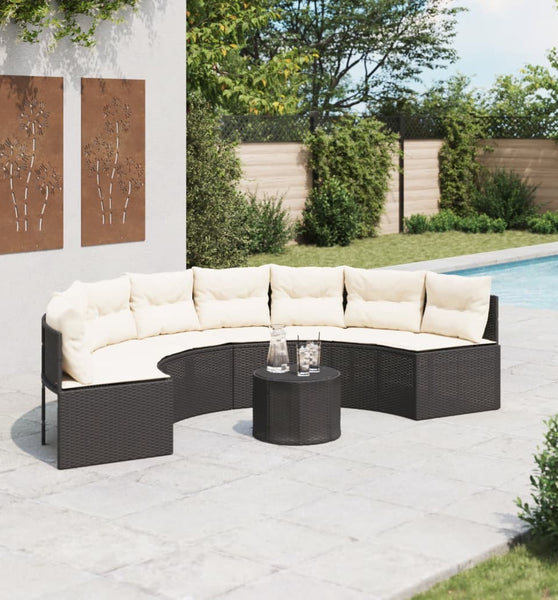 Gartensofa mit Tisch und Kissen Halbrund Schwarz Poly-Rattan