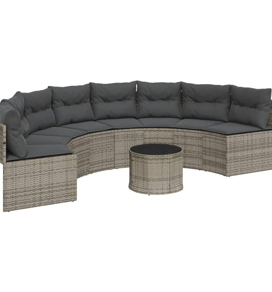 Gartensofa mit Tisch und Kissen Halbrund Grau Poly Rattan