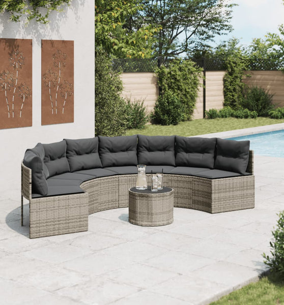 Gartensofa mit Tisch und Kissen Halbrund Grau Poly Rattan