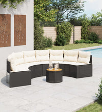 Gartensofa mit Tisch und Kissen Halbrund Schwarz Poly-Rattan