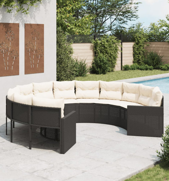 Gartensofa mit Kissen Rund Schwarz Poly-Rattan