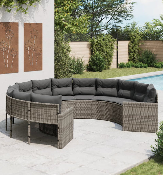 Gartensofa mit Kissen Rund Grau Poly Rattan