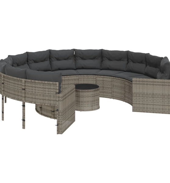 Gartensofa mit Tisch und Kissen Rund Grau Poly Rattan