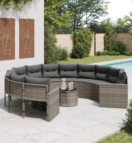 Gartensofa mit Tisch und Kissen Rund Grau Poly Rattan