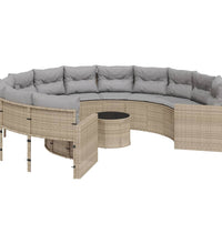 Gartensofa mit Tisch und Kissen Rund Beige Poly-Rattan