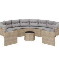 Gartensofa mit Tisch und Kissen Rund Beige Poly-Rattan