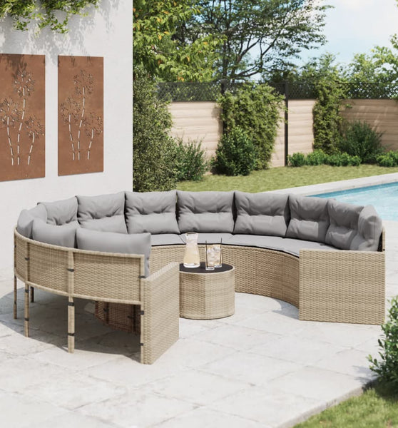 Gartensofa mit Tisch und Kissen Rund Beige Poly-Rattan