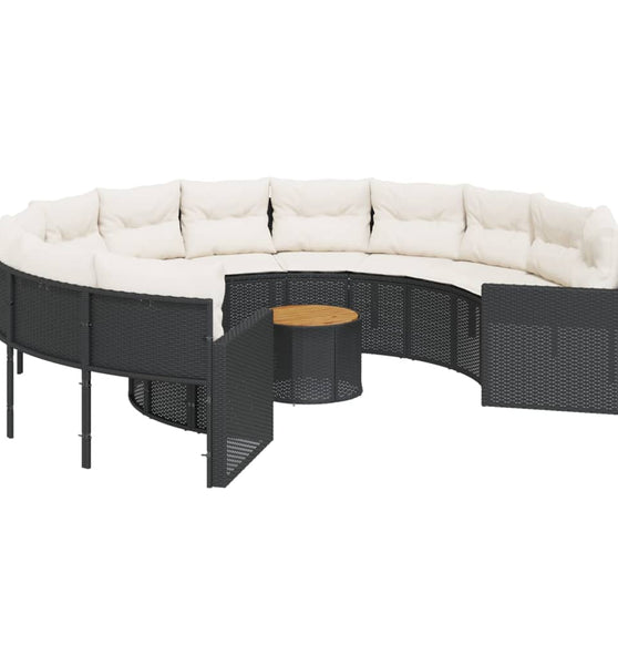 Gartensofa mit Tisch und Kissen Rund Schwarz Poly-Rattan