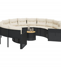 Gartensofa mit Tisch und Kissen Rund Schwarz Poly-Rattan