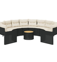 Gartensofa mit Tisch und Kissen Rund Schwarz Poly-Rattan