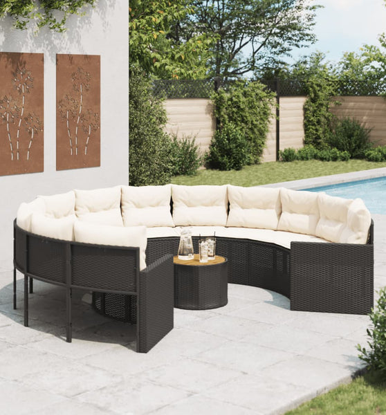 Gartensofa mit Tisch und Kissen Rund Schwarz Poly-Rattan