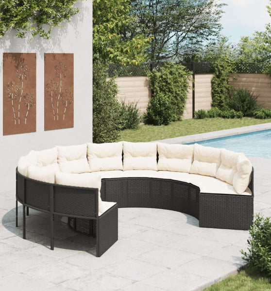 Gartensofa mit Kissen Rund Schwarz Poly-Rattan