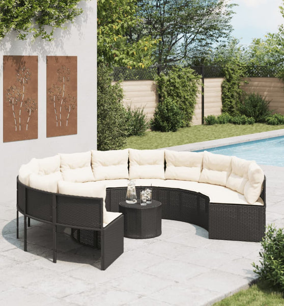 Gartensofa mit Tisch und Kissen Rund Schwarz Poly-Rattan