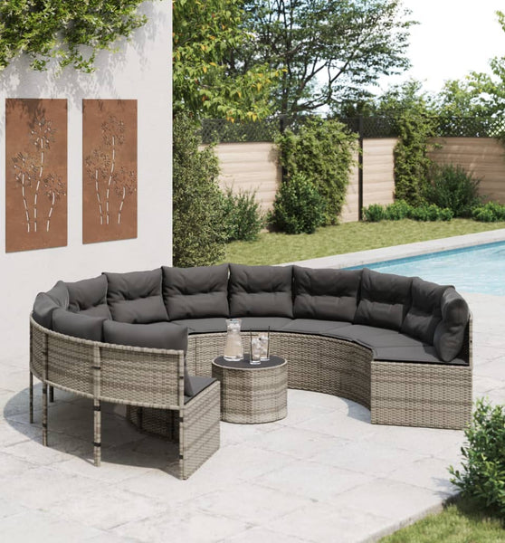 Gartensofa mit Tisch und Kissen Rund Grau Poly Rattan