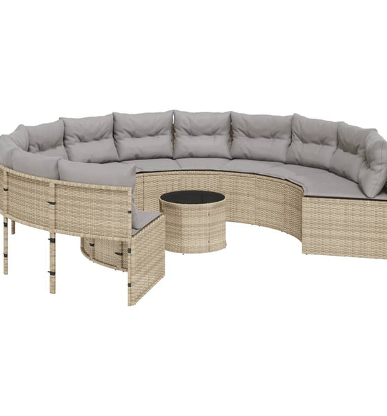 Gartensofa mit Tisch und Kissen Rund Beige Poly-Rattan