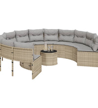 Gartensofa mit Tisch und Kissen Rund Beige Poly-Rattan