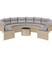 Gartensofa mit Tisch und Kissen Rund Beige Poly-Rattan