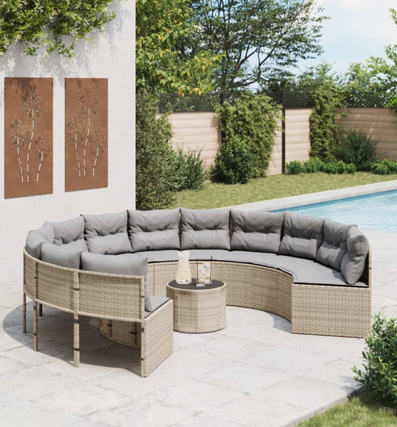 Gartensofa mit Tisch und Kissen Rund Beige Poly-Rattan