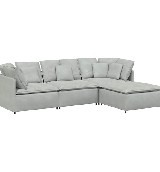 Modulares Sofa mit Fußhocker Kissen Samt Hellgrau